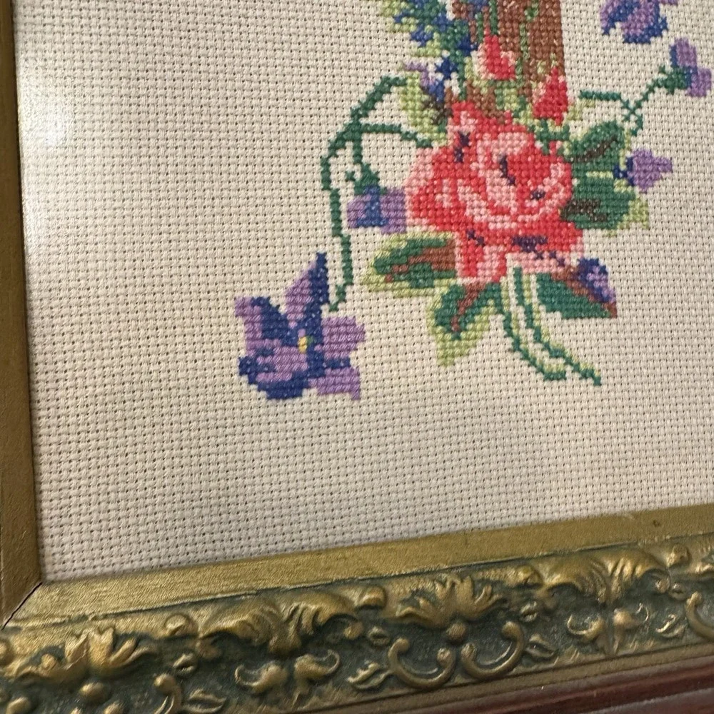 Vintage Embroidered Cross with flowers Ornate Framed 17 X 13  Wall‎ Art